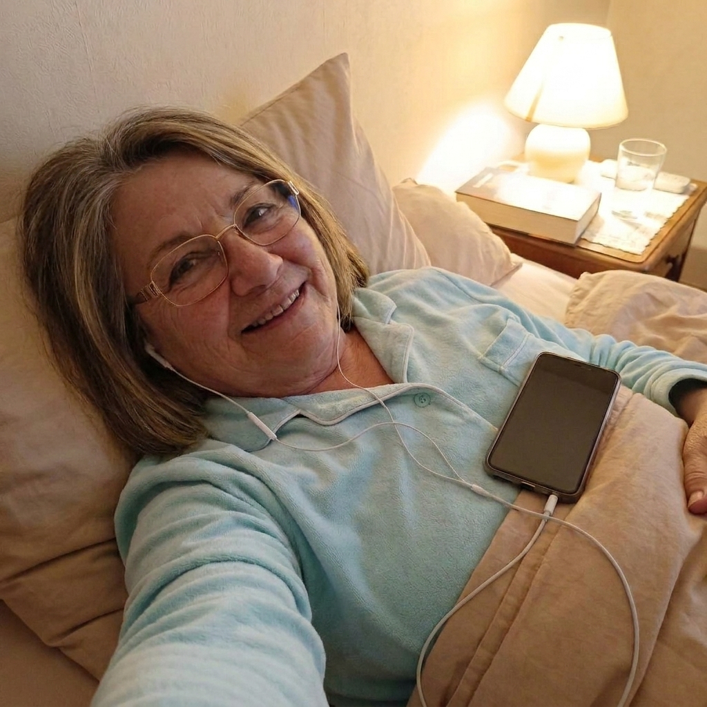 Woman listening to the Nightly Protocol audio with earbuds before sleep