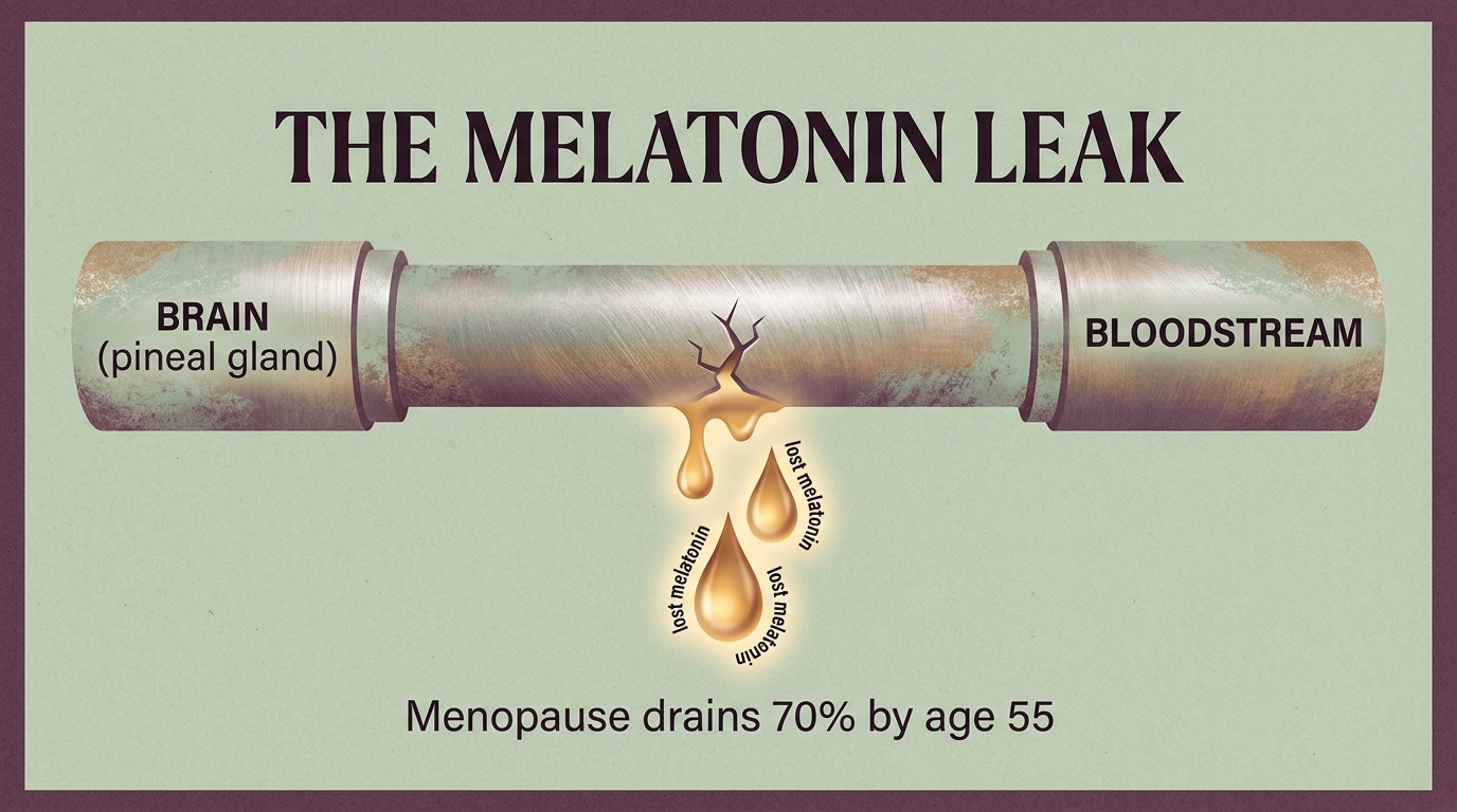 A leaking pipe diagram showing melatonin draining from the brain to the bloodstream — menopause drains 70% by age 55